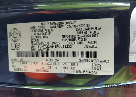 2015 Lincoln Mkc из США, поврежденный, VIN 5LMTJ2AH1FUJ31233